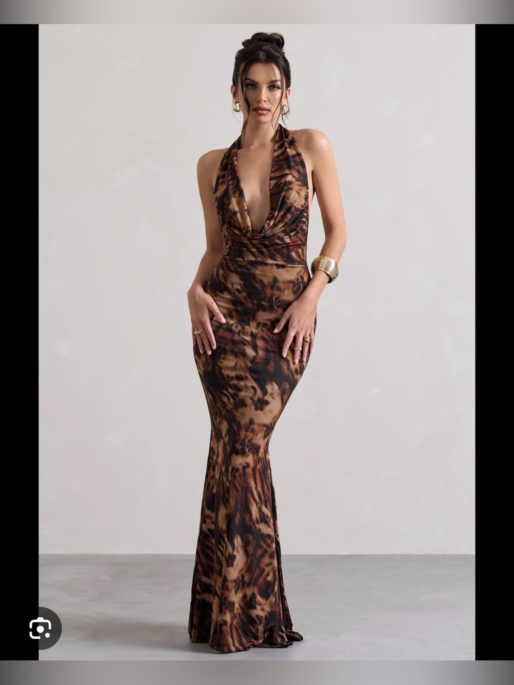 Club L London Brown Animal-Print Halter Maxi Dress